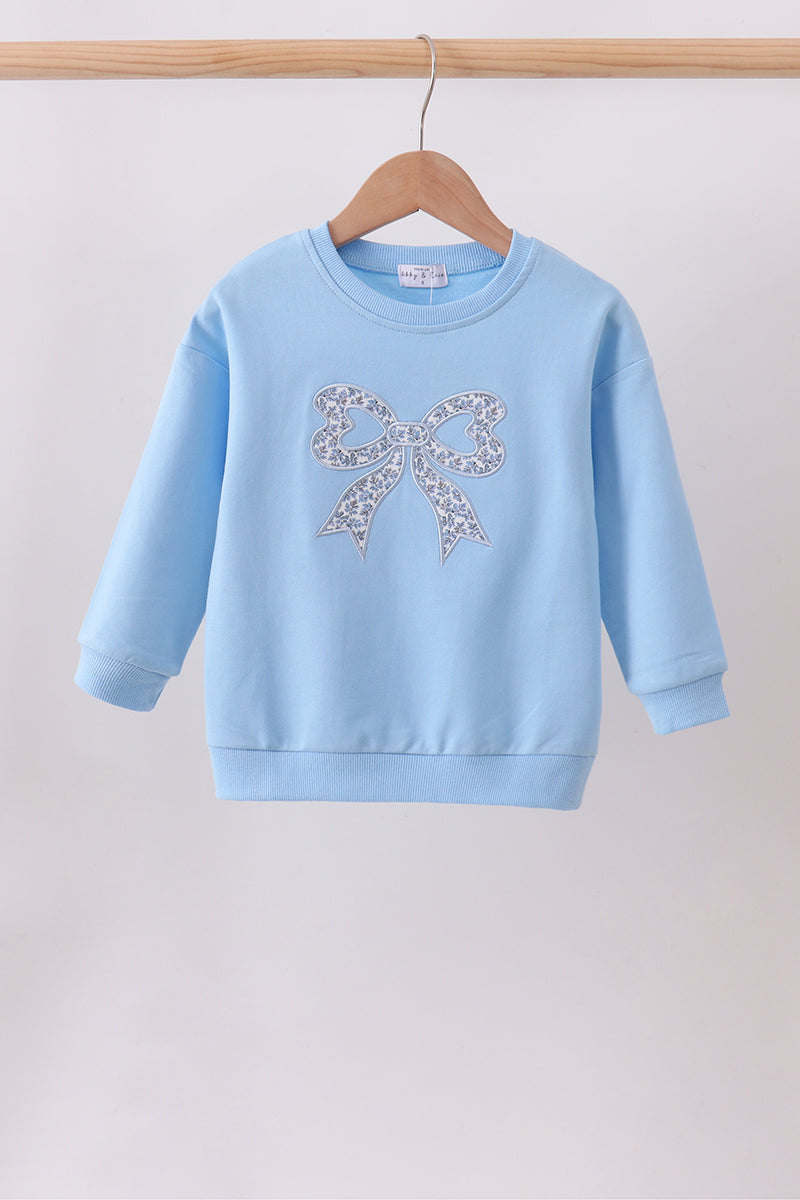 Blue Floral Bow Embroidery Top - Aaria Tees