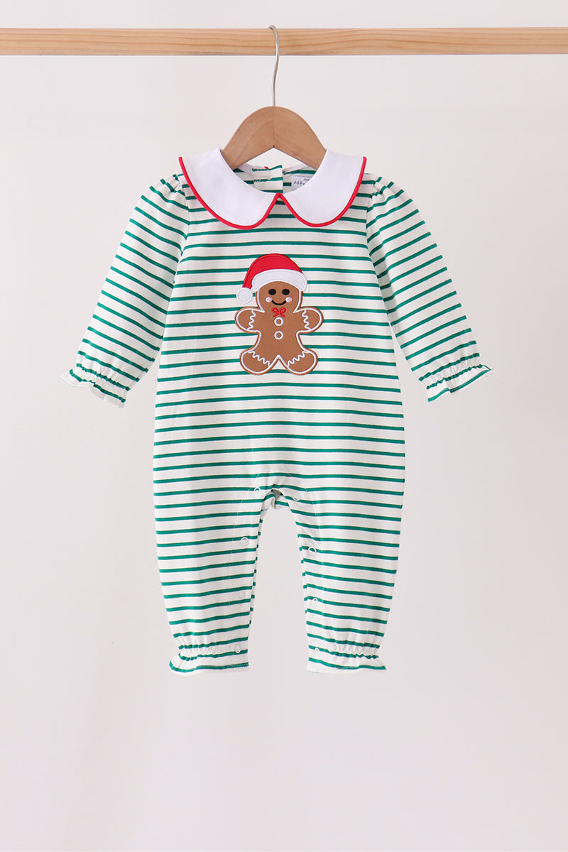 Green stripe gingerbread embroidery ruffle romper - Aaria Tees