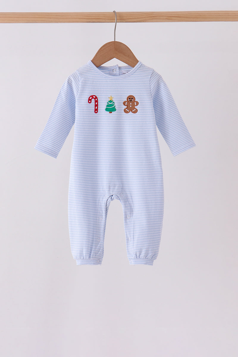 Blue christmas tree gingerbread embroidery stripe romper - Aaria Tees