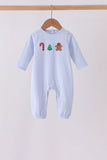 Blue christmas tree gingerbread embroidery stripe romper - Aaria Tees Aaria Tees