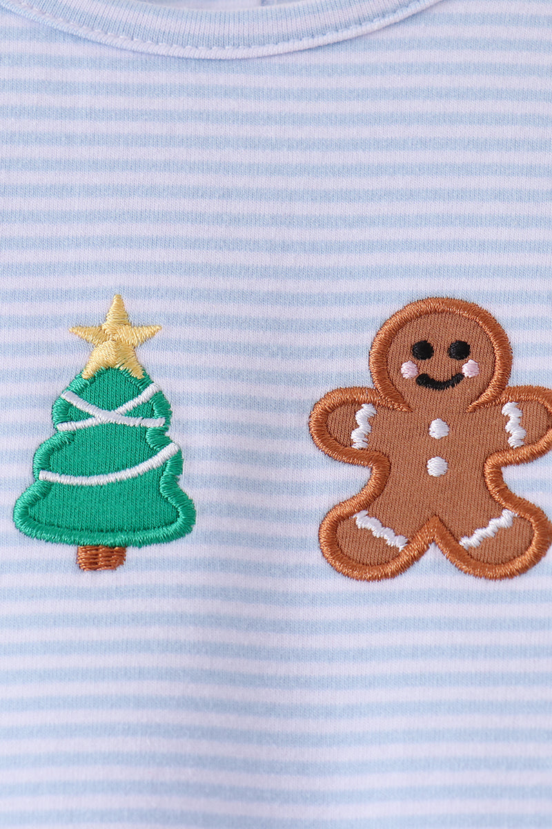 Blue christmas tree gingerbread embroidery stripe romper - Aaria Tees Aaria Tees