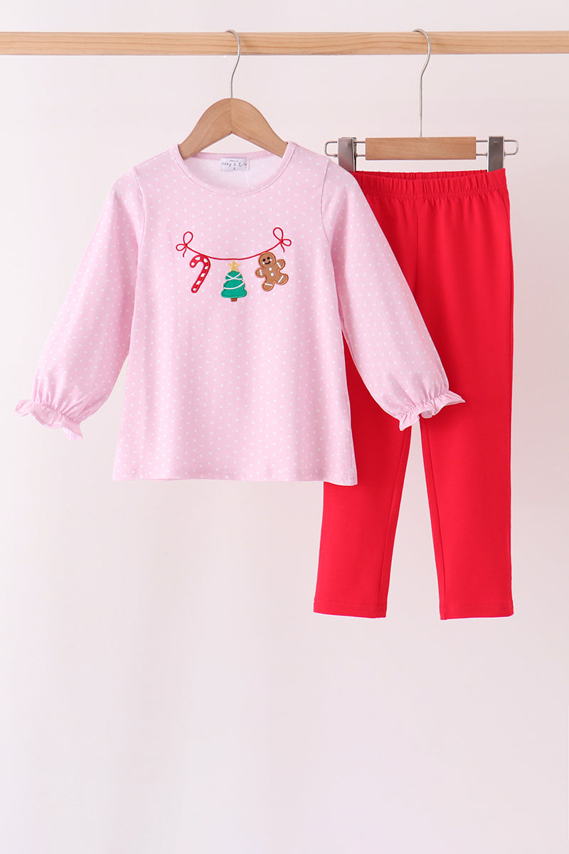 Pink christmas tree gingerbread embroidery pants set - Aaria Tees