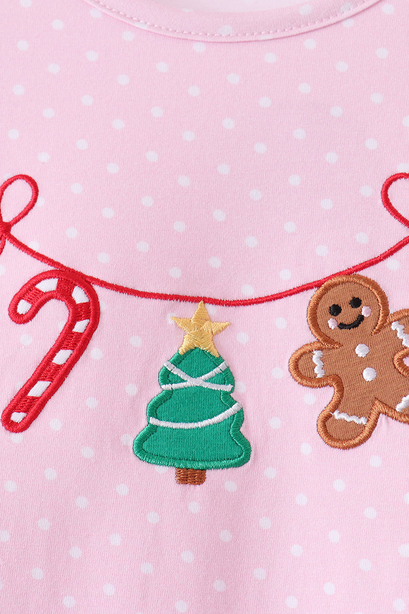 Pink christmas tree gingerbread embroidery pants set - Aaria Tees Aaria Tees