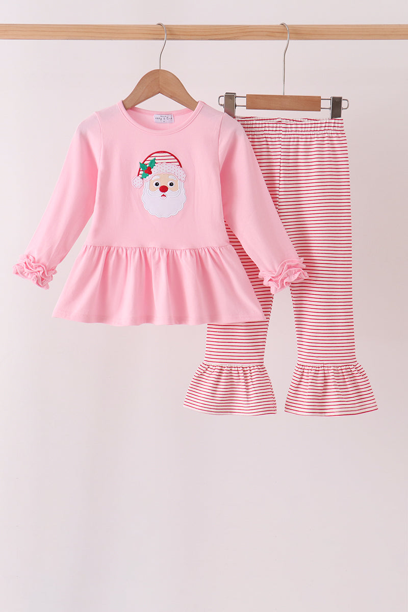 Pink stripe santa embroidery ruffle pants set - Aaria Tees