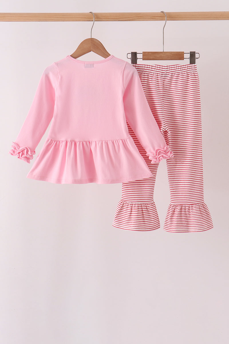 Pink stripe santa embroidery ruffle pants set - Aaria Tees Aaria Tees