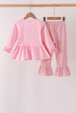 Pink stripe santa embroidery ruffle pants set - Aaria Tees Aaria Tees