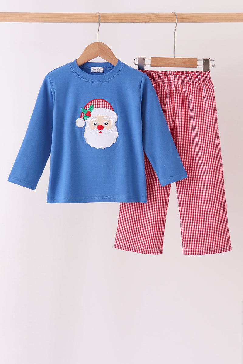 Blue santa embroidery gingham pants set - Aaria Tees