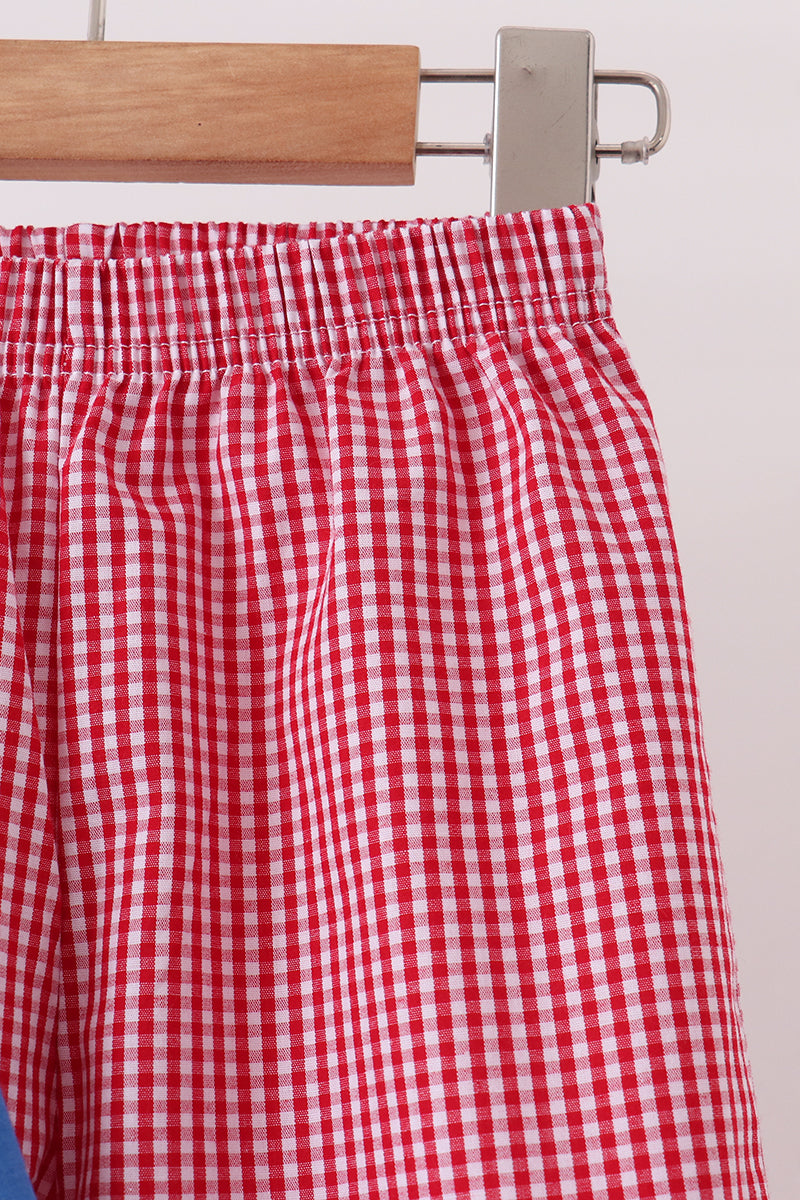 Blue santa embroidery gingham pants set - Aaria Tees Aaria Tees