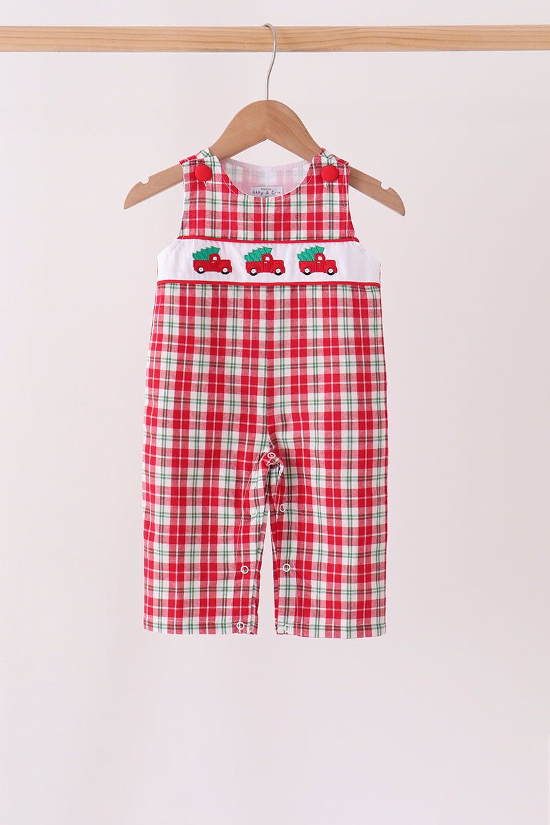 Red christmas tree truck embroidery plaid jonjon - Aaria Tees