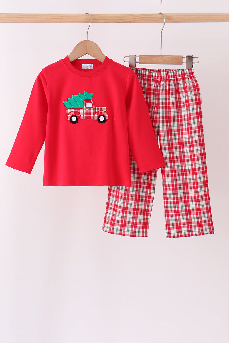Red christmas tree truck embroidery plaid pants set - Aaria Tees