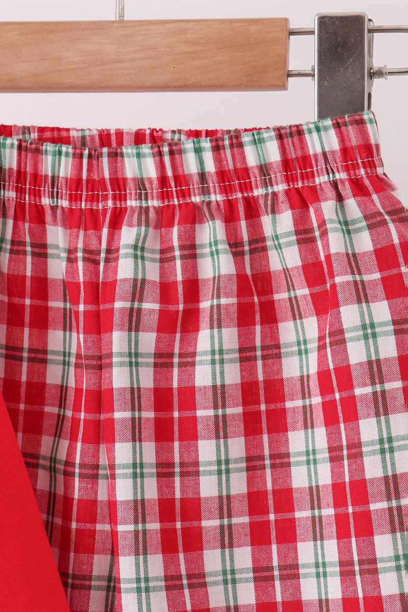 Red christmas tree truck embroidery plaid pants set - Aaria Tees Aaria Tees