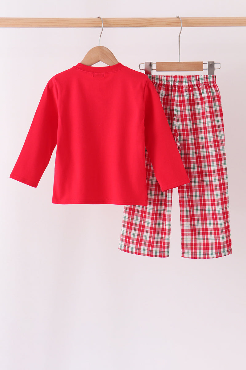 Red christmas tree truck embroidery plaid pants set - Aaria Tees Aaria Tees