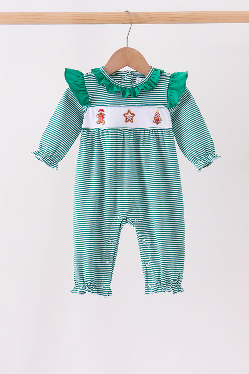 Green gingerbread embroidery stripe ruffle romper - Aaria Tees Aaria Tees