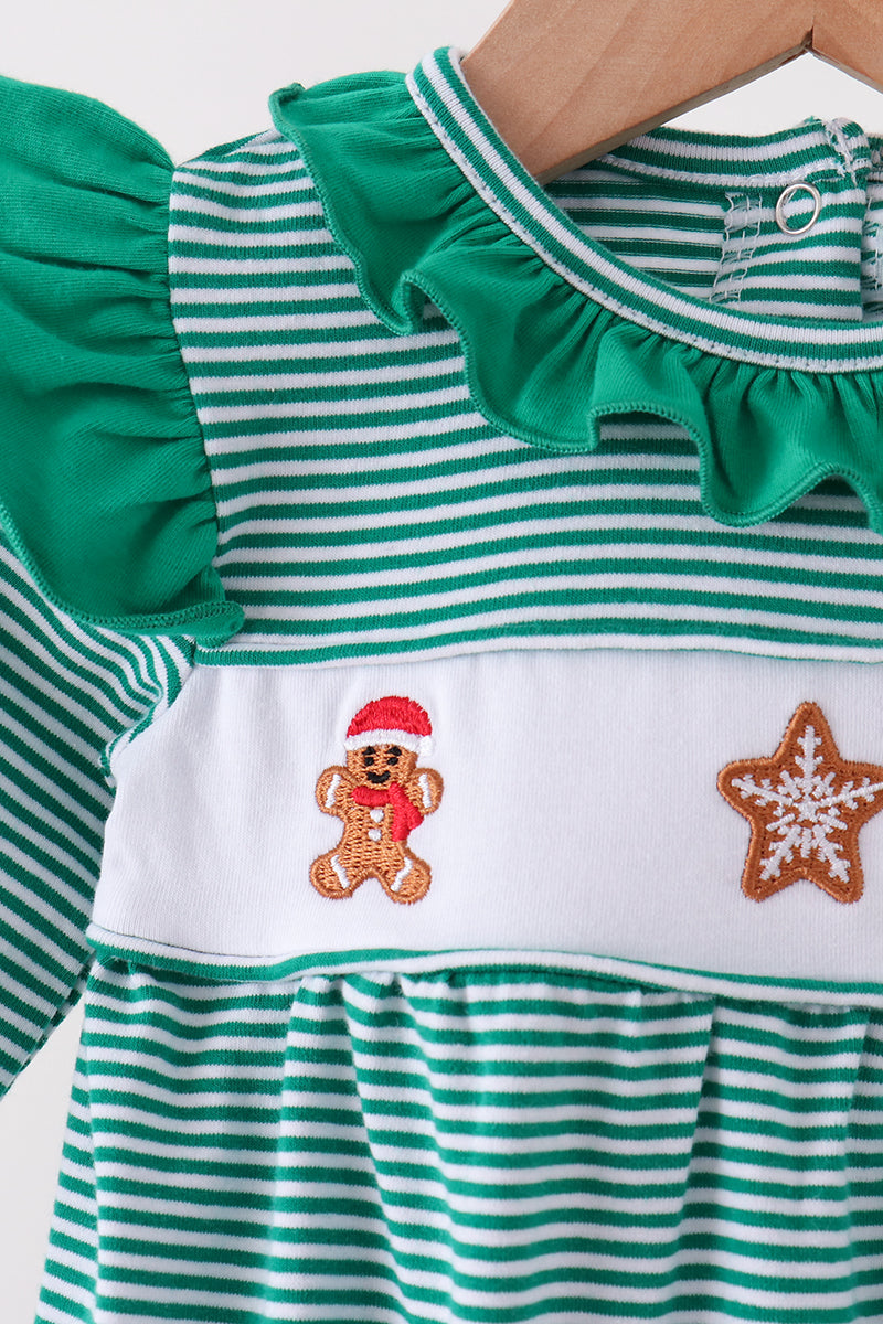 Green gingerbread embroidery stripe ruffle romper - Aaria Tees Aaria Tees