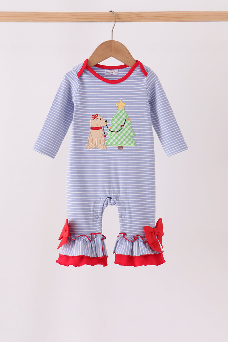 Blue christmas tree puppy embroidery stripe ruffle romper - Aaria Tees