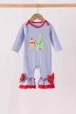 Blue christmas tree puppy embroidery stripe ruffle romper - Aaria Tees Aaria Tees