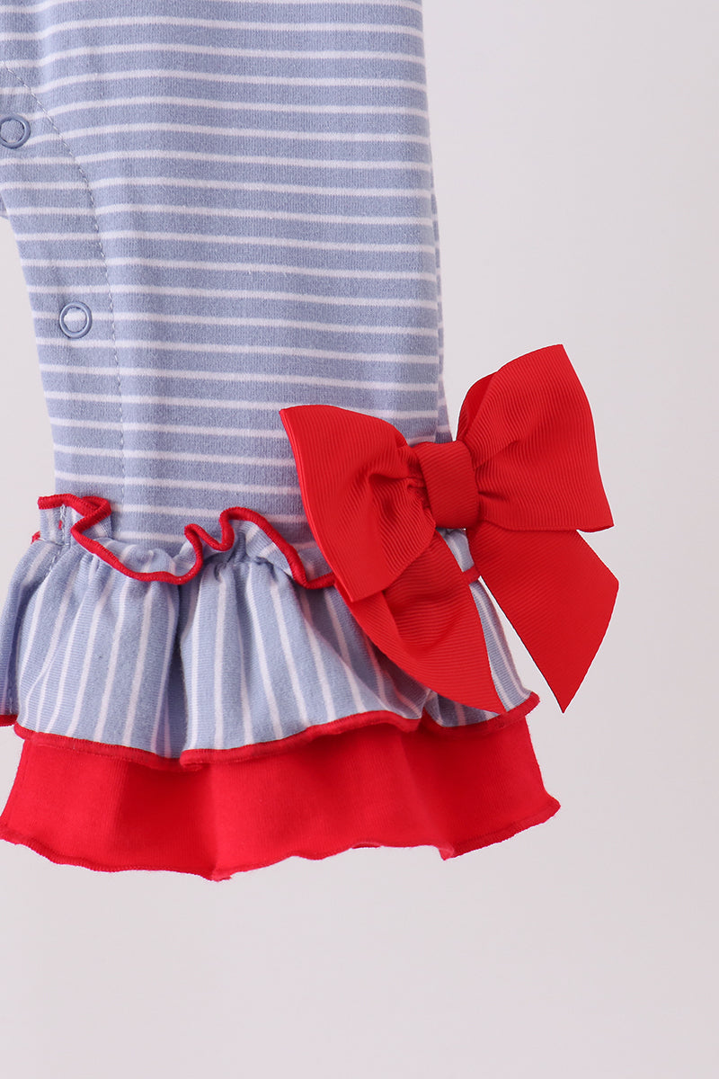 Blue christmas tree puppy embroidery stripe ruffle romper - Aaria Tees Aaria Tees