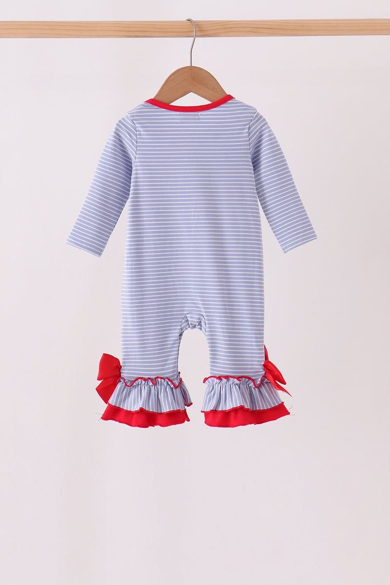 Blue christmas tree puppy embroidery stripe ruffle romper - Aaria Tees Aaria Tees