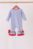 Blue christmas tree puppy embroidery stripe ruffle romper - Aaria Tees Aaria Tees