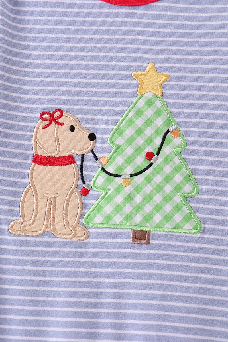Blue christmas tree puppy embroidery stripe ruffle romper - Aaria Tees Aaria Tees