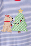 Blue christmas tree puppy embroidery stripe ruffle romper - Aaria Tees Aaria Tees