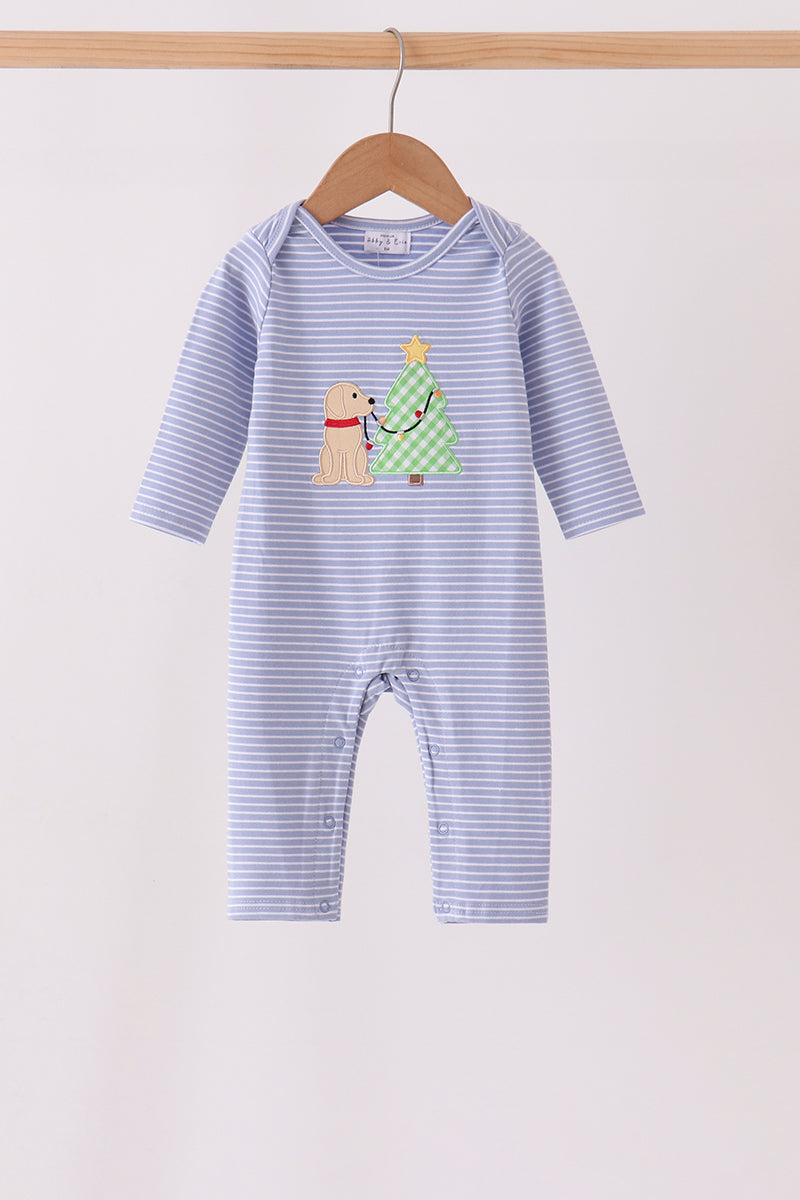 Blue christmas tree puppy embroidery stripe romper - Aaria Tees