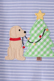 Blue christmas tree puppy embroidery stripe romper - Aaria Tees Aaria Tees