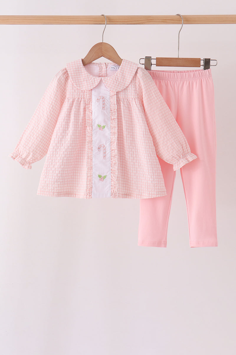 Pink candy cane holly embroidery plaid pants set - Aaria Tees