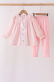 Pink candy cane holly embroidery plaid pants set - Aaria Tees Aaria Tees