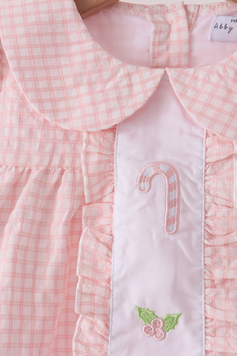 Pink candy cane holly embroidery plaid pants set - Aaria Tees Aaria Tees