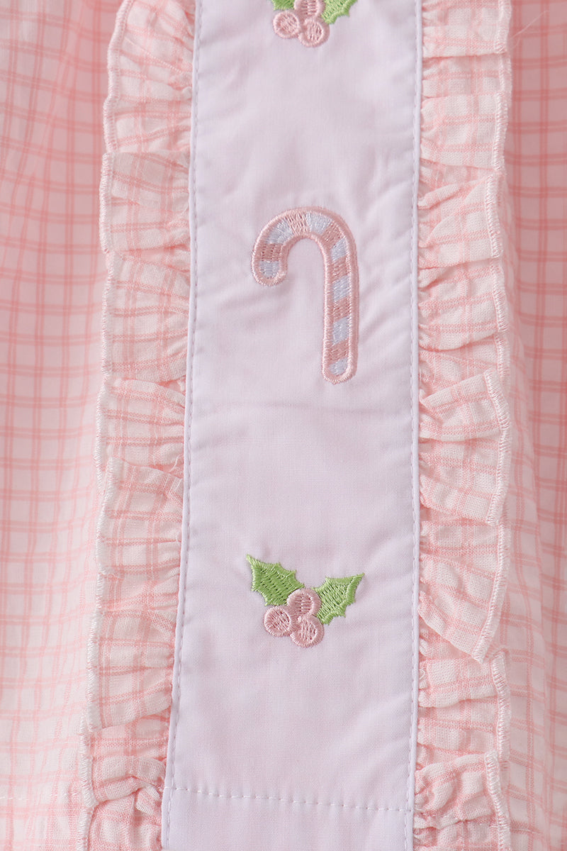 Pink candy cane holly embroidery plaid pants set - Aaria Tees Aaria Tees