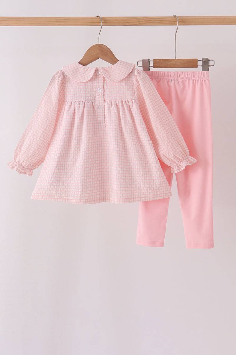 Pink candy cane holly embroidery plaid pants set - Aaria Tees Aaria Tees