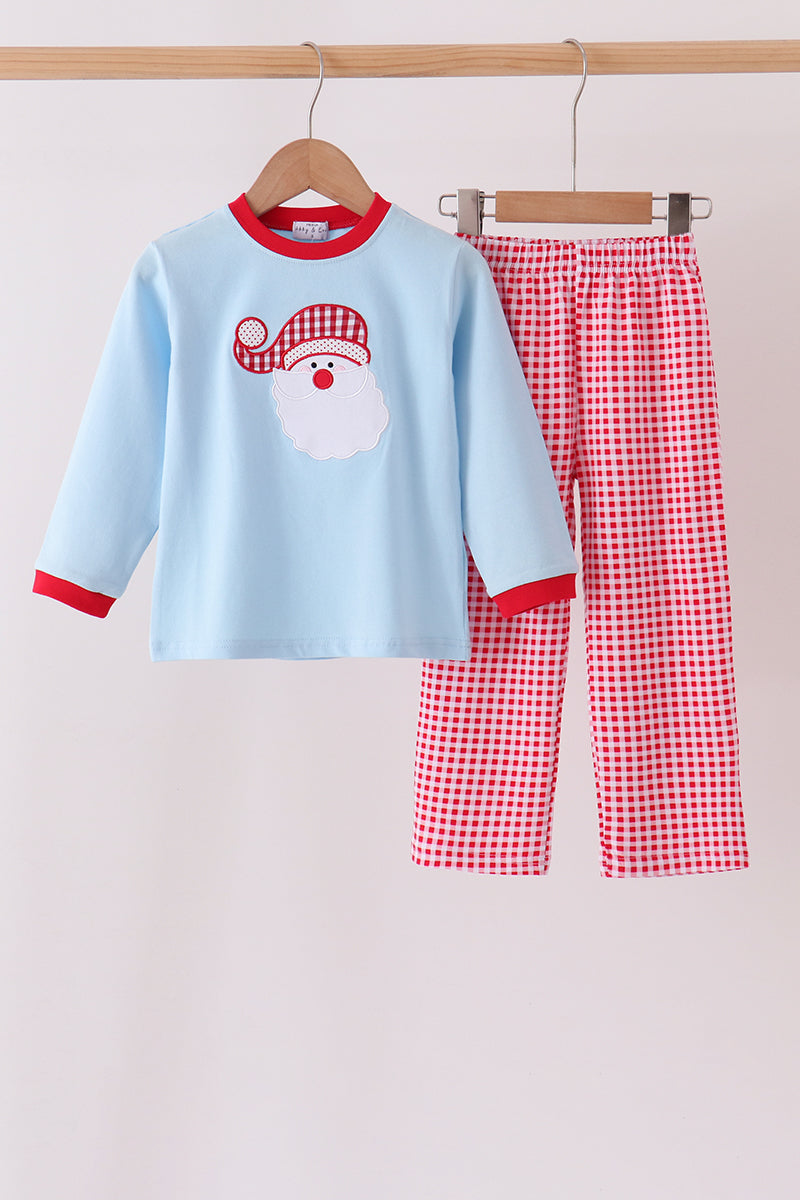 Blue santa claus embroidery gingham pants set - Aaria Tees