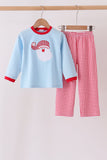 Blue santa claus embroidery gingham pants set - Aaria Tees Aaria Tees