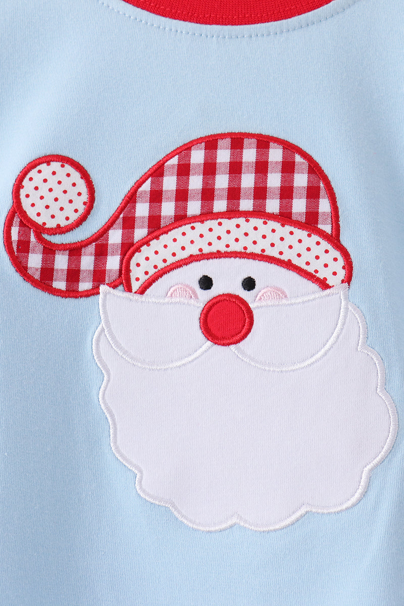 Blue santa claus embroidery gingham pants set - Aaria Tees Aaria Tees