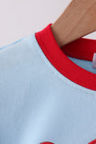 Blue santa claus embroidery gingham pants set - Aaria Tees Aaria Tees