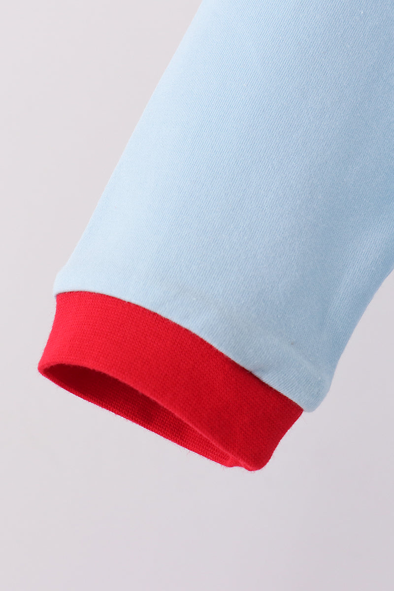 Blue santa claus embroidery gingham pants set - Aaria Tees Aaria Tees