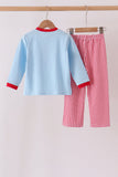 Blue santa claus embroidery gingham pants set - Aaria Tees Aaria Tees