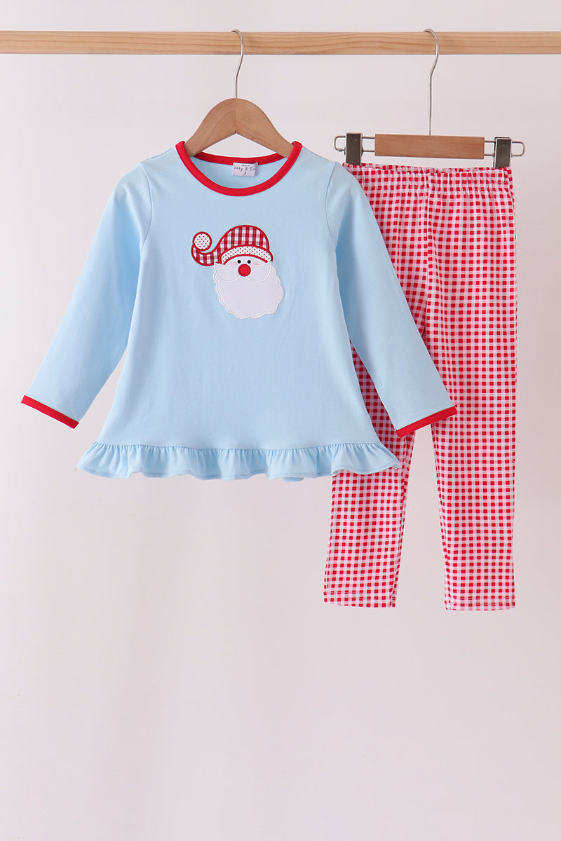 Blue santa claus embroidery ruffle gingham pants set - Aaria Tees