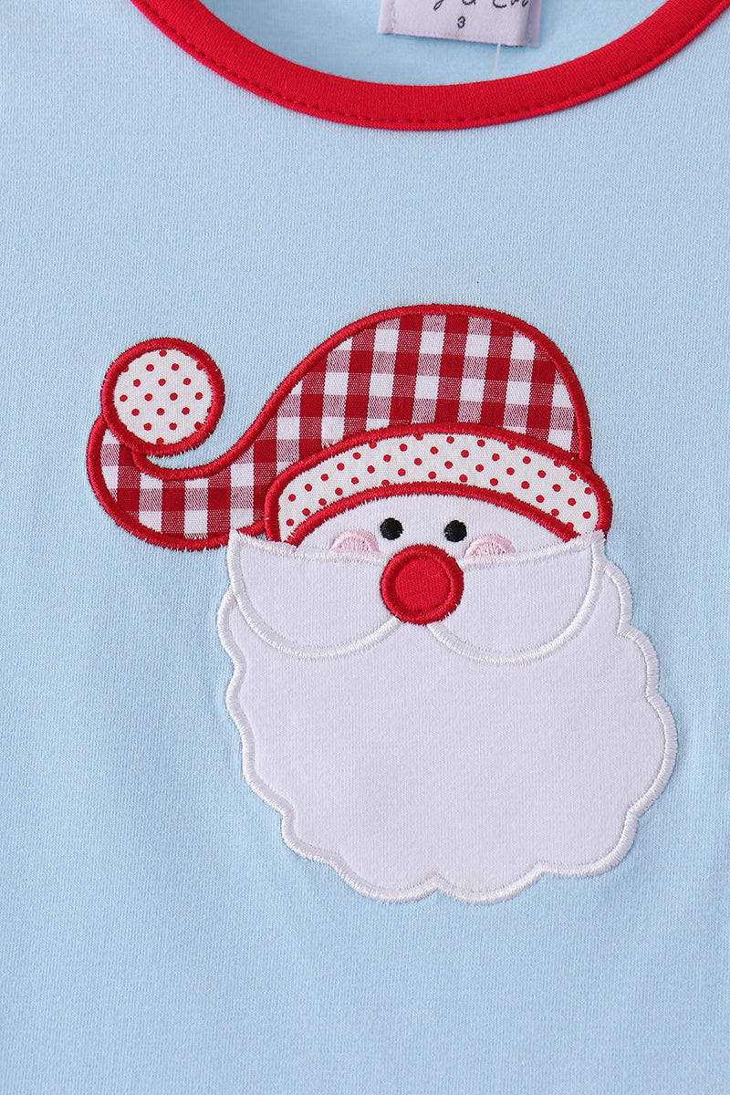 Blue santa claus embroidery ruffle gingham pants set - Aaria Tees Aaria Tees