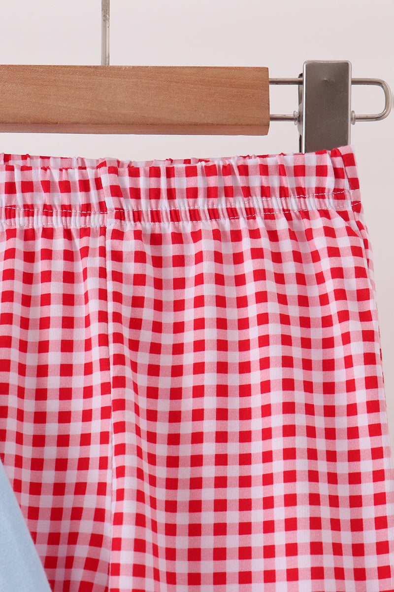 Blue santa claus embroidery ruffle gingham pants set - Aaria Tees Aaria Tees