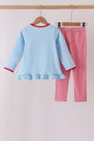 Blue santa claus embroidery ruffle gingham pants set - Aaria Tees Aaria Tees