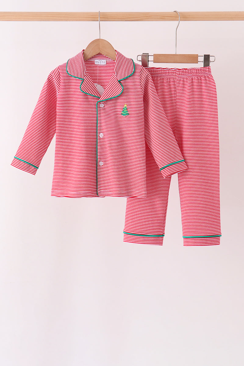 Red stripe christmas tree embroidery pants set - Aaria Tees