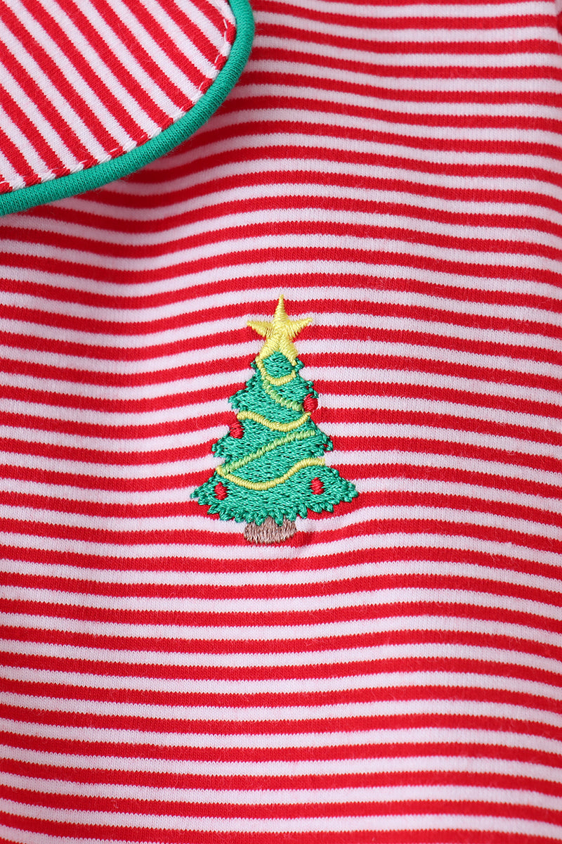 Red stripe christmas tree embroidery pants set - Aaria Tees Aaria Tees