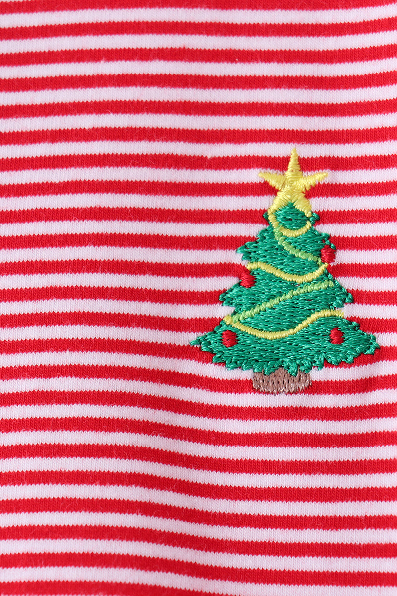 Red stripe christmas tree embroidery ruffle pants set - Aaria Tees Aaria Tees