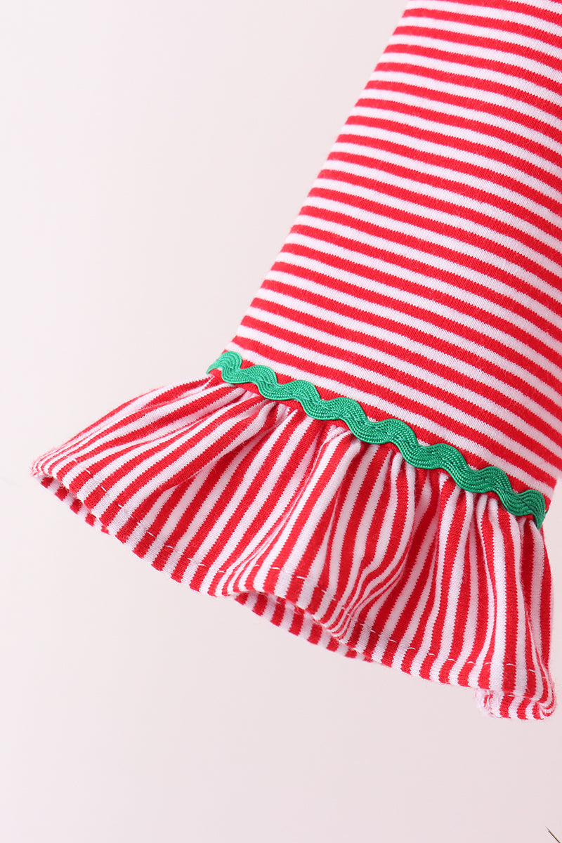 Red stripe christmas tree embroidery ruffle pants set - Aaria Tees Aaria Tees