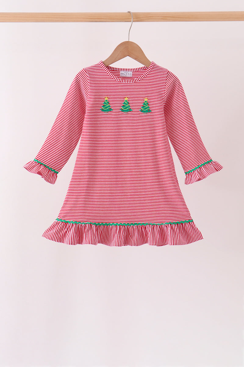 Red stripe christmas tree embroidery ruffle dress - Aaria Tees Aaria Tees