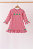 Red stripe christmas tree embroidery ruffle dress - Aaria Tees Aaria Tees