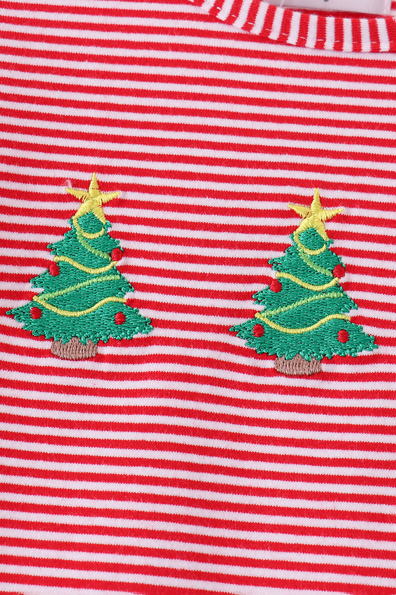 Red stripe christmas tree embroidery ruffle dress - Aaria Tees Aaria Tees