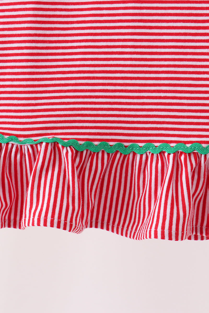Red stripe christmas tree embroidery ruffle dress - Aaria Tees Aaria Tees